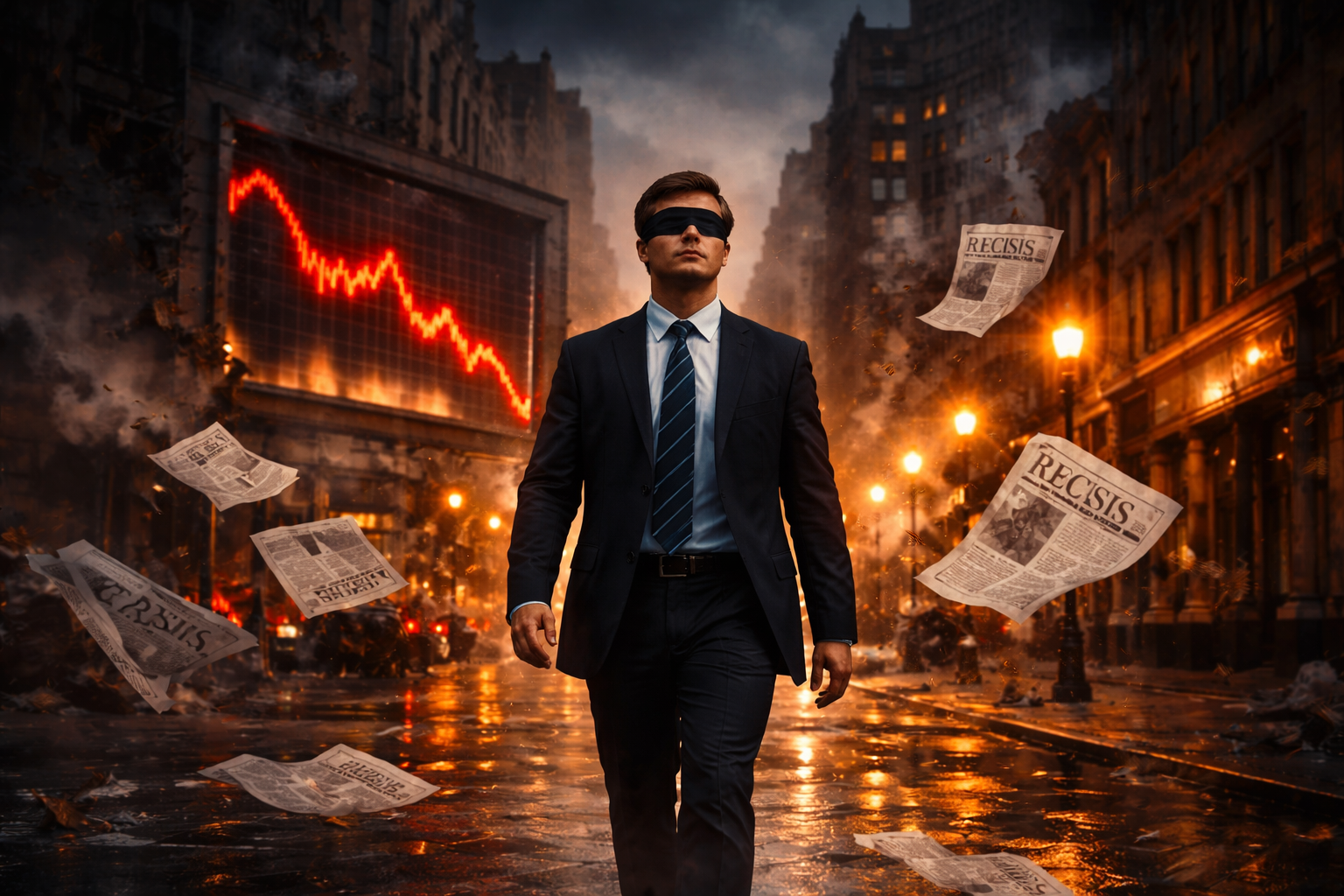 Blindfolded man walking through financial crisis