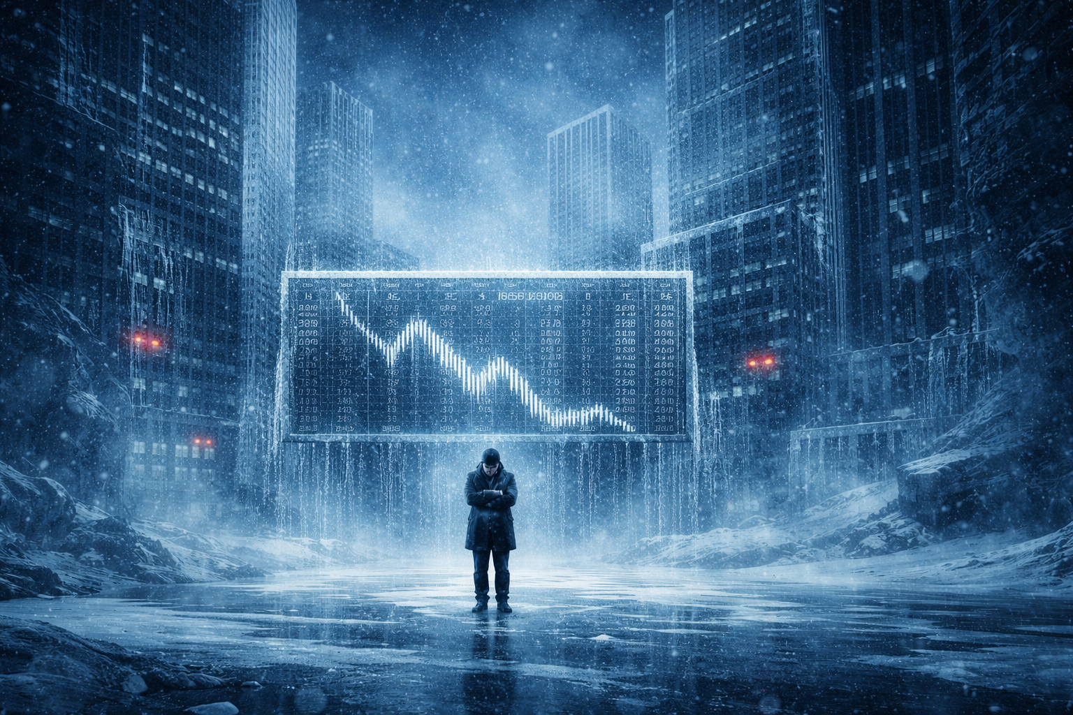 Person frozen in icy financial landscape